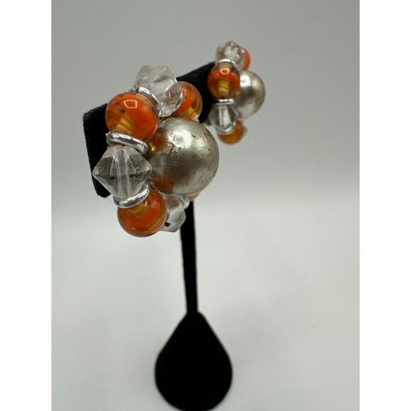 Vintage Japanese Clip-On Earrings, Glass Beads, Orange & Clear, 1950s-60s - Picture 3 of 5